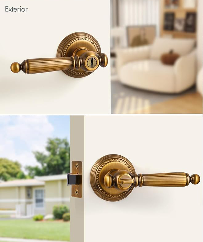 Door Handle Bar - Sarı Antik Bronz Anahtar, Kilitli Giriş